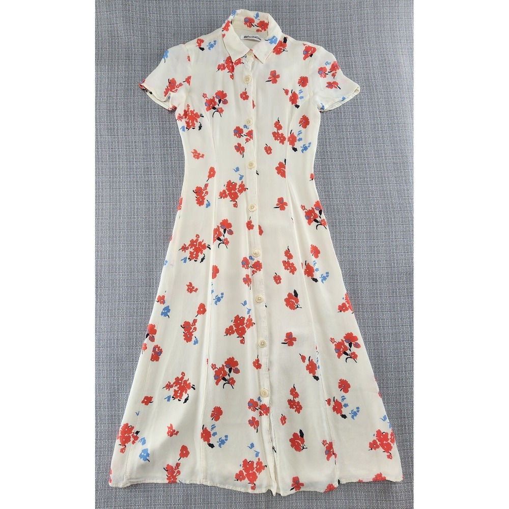 Reformation Sheila Floral Midi Dress 0 Ivory Red Blue Button Front Cottagecore - Picture 2 of 16